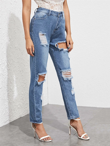 Jeans Mom Taille Haute Coupe Slim Effilochés Longs pour Femme 100% Coton Denim Vente en Gros - Product Image 3