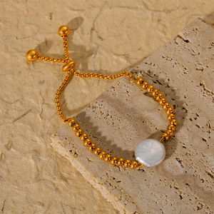 Non-Tarnish Bohemian Zircon Freshwater <b>Pearl</b> Bead Drawstring <b>Bracelet</b> Stainless Steel 18K PVD Gold Plated Jewelry <b>for</b> <b>Women</b> - Product Image 2