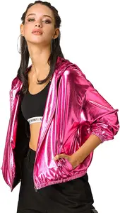 Women's Holographic Party Shimmering Shiny Lightweight Zipper Hooded Metallic Jacket