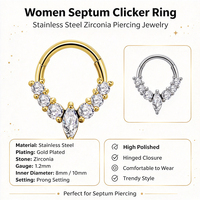 Anneau de septum clicker en zircon plaqué or, en acier inoxydable 316, segment articulé pour le nez