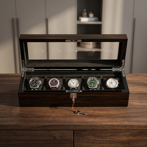 Wooden <b>Watch</b> Storage Box 5 Grid Faux Suede Interior Lockable Display <b>Case</b> Rectangle Shape - Product Image 4