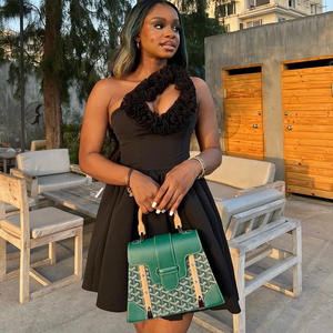 HANOU Tendance Été 2024 Noir Sexy Une Épaule Découpée Taille Serrée Slim Fit Club Rue Mini <span class=keywords><strong>Robe</strong></span> Plissée - Product Image 1