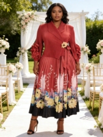 Robes pour femmes élégantes de haute qualité à manches longues imprimées de fleurs avec ceinture, taille plus, robes décontractées simples pour femmes