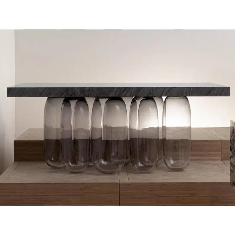 SHIHUIカスタマイズされた豪華なデザイン北欧のダイニングルーム家具ミニマリスト長方形長い大理石のトップダイニングテーブルガラスベース