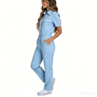 Combinaison médicale à revers avec cordon de serrage à la taille, en coton et élasthanne, à manches courtes, pour clinique esthétique, uniforme d'infirmière, logo personnalisé
