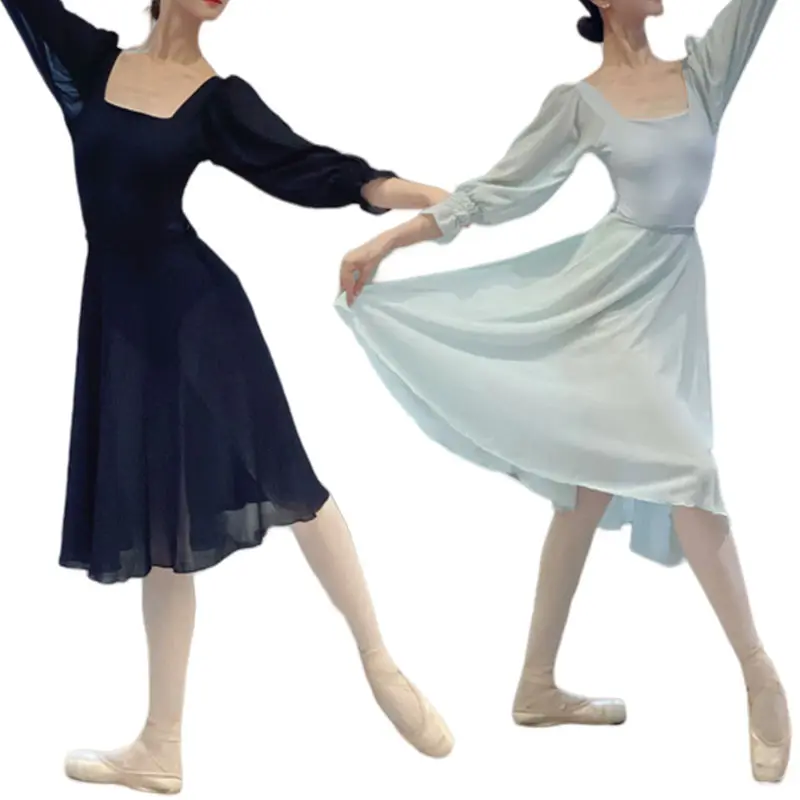 Setelan latihan balet lengan panjang, pakaian tari rok kasa latihan dasar dewasa wanita, rok ketat balet tubuh lengan panjang