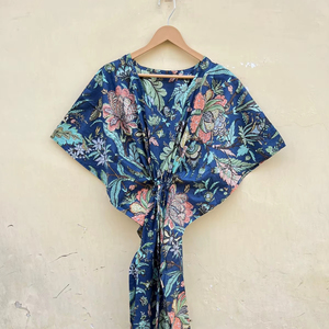 Handmade Indian Indigo Cotton Kaftan Summer One Size Maternity Lounge Wear Dresses Boho Floral Long Dress Summer Beach <b>Cover</b> Up - Product Image 1