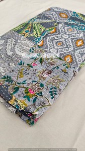 Handmade Indian Floral Printed Kantha Quilt Organic Cotton Traditional Home Decor All Season Green White Pattern - Product Image 5