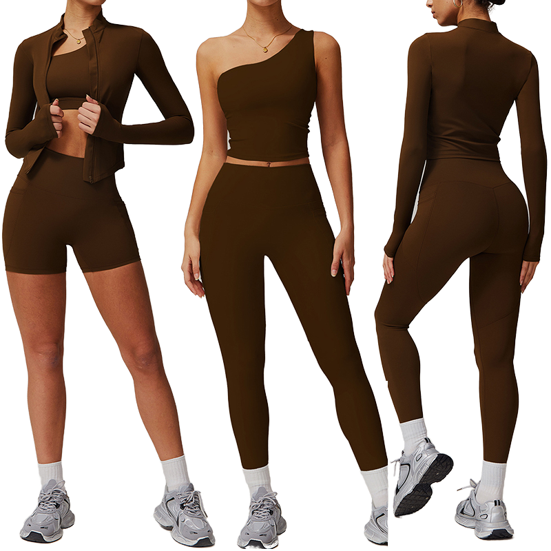 Womens Solid Drawstring 5-Piece Yoga Winter Set Naked Feeling Long Sleeve Jacket Pants Spandex/Nylon High Waist