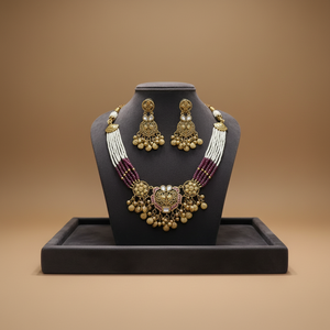 Conjunto de Collar Nupcial Hecho a Mano en Plata y Oro con Cuentas de Rubí Rosa y Diseño Intrincado Estilo Templo con Pendientes - Product Image 3