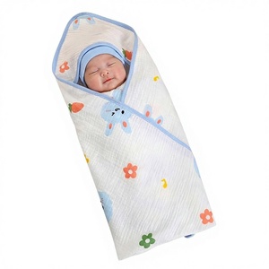 Serviette à capuche pour bébé en gaze, motif animaux de dessin animé et lettres, fine pour l'été, 80x80cm, lavable à la main, en pur coton peigné - Product Image 1