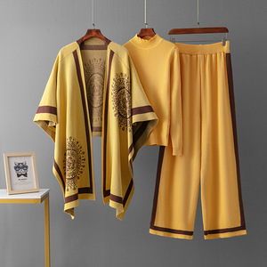 Conjunto de Tres Piezas de Chales de Punto de Viscosa con Estampado para Mujeres Musulmanas, Ropa Tradicional Elegante Antipilling - Product Image 3