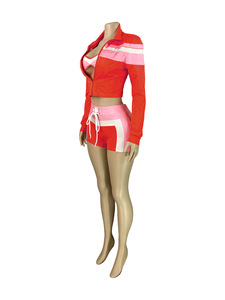 Tuta sportiva personalizzata <span class=keywords><strong>Set</strong></span> di pantaloncini Color Patchwork da donna Casual <span class=keywords><strong>Cardigan</strong></span> con cerniera Cropped <span class=keywords><strong>top</strong></span> Shorts 3 pezzi - Product Image 5