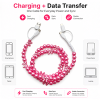 Kabel Charger Ponsel Berhias Mutiara Pink dan Pita 4 in 1 USB Type C Kabel Multi Charging Transfer Data Hadiah Fashion