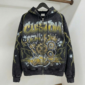 เสื้อฮู้ดดี้ผู้ชายสไตล์วินเทจทรงบ็อกซี่ ซิปหน้า พิมพ์ลายดิจิตอลแบบ OEM ตามสั่ง เนื้อผ้าหนา 400 GSM ลุคทำเก่า - Product Image 1