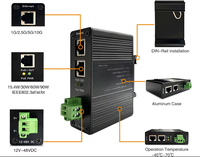 Inyector PoE++ GXCOM IEEE 802.3bt 10G 95W |   Conector Ethernet Industrial para Riel DIN para Cámaras PTZ de Exterior (Entrada de 12-48V CC)