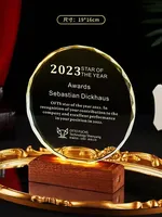 Trophée en cristal de forme ronde avec base en bois LED, souvenir personnalisé pour les trophées annuels de l'entreprise