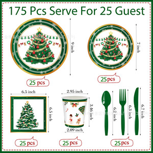 Ensemble de vaisselle jetable de Noël avec assiettes, gobelets et serviettes en papier à motif d'arbre pour les fêtes de fin d'année - Product Image 2
