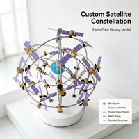 Model Tampilan Konstelasi Satelit dengan Bumi Biru, Satelit Emas, Panel Surya Ungu, Cincin Orbit Logam, dan Alas Putih