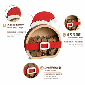Santa Hat & Reindeer Shaped Wooden Piggy Bank Art Craft Laser Cut <b>Box</b> with Clear Window for Christmas Keepsake Gift - Product Image 5