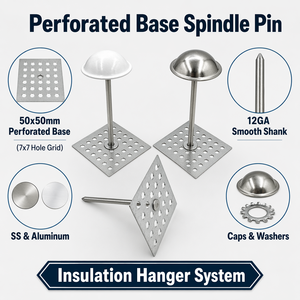 Pins d'isolation en acier doux à tige barbelée, zingués, base perforée carrée <span class=keywords><strong>de</strong></span> 2 pouces, tête à motif damier, pointe acérée pour conduits d'air CVC - Product Image 1