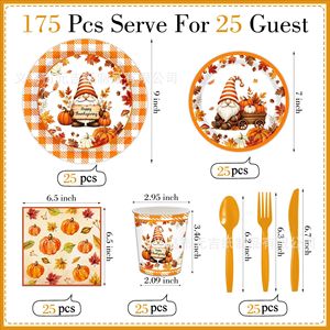 Autumn Harvest Thanksgiving Party Dinnerware Set Paper Cups Napkins <b>Disposable</b> <b>Plates</b> Pumpkin Gnome Design - Product Image 2