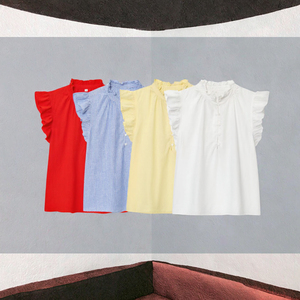 เสื้อผู้หญิงแบบสวม คอระบาย 4 สี ดีไซน์เรียบง่าย สีพื้น ผ้าทอ ระบายอากาศได้ดี สไตล์วินเทจ ทรงปกติ - Product Image 3