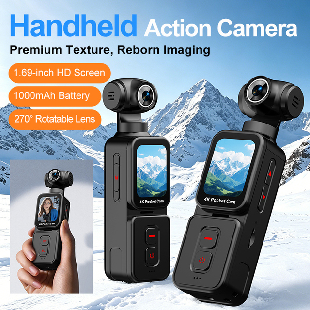 4K HD Pocket Gimbal Sports Camera 1.69" Touch Screen Anti-Shake 90/270 Rotation TF Card Vlog Camera