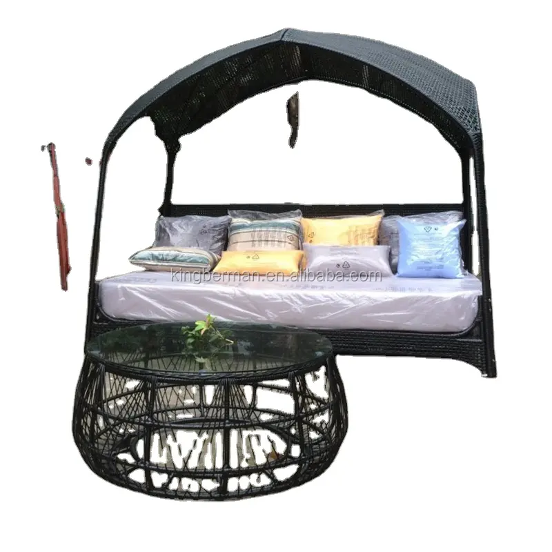 Desain Baru Tempat Tidur Matahari Rotan dengan Kanopi, Rotan Pantai, Furnitur Luar Ruangan Tempat Tidur Digunakan