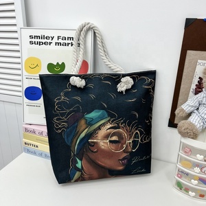 Groothandel Grote Capaciteit Vrouwen Canvas Zwarte Kunst Afrikaanse Meisje Print Draagtas Met Hennep Handvatten - Product Image 3