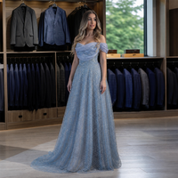 Robe de soirée bleu pétale de vigne à sequins, épaules dénudées, sans manches, coupe trapèze, ornée de perles, pour mariage et fête, fournisseur personnalisé, vente en gros