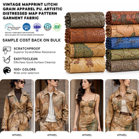 Nouvel Arrivage Tissu PU pour Vêtements à Grain Granulé, Effet Vieilli Artistique, Imprimé Carte Vintage