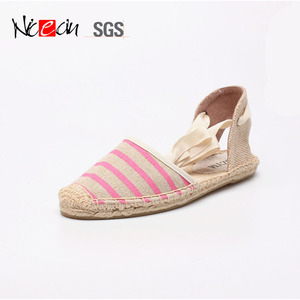Nouveau d'été <span class=keywords><strong>à</strong></span> <span class=keywords><strong>lacets</strong></span> flats talon compensé toile lin rayé sandales chaussures pour femmes <span class=keywords><strong>espadrilles</strong></span> femme - Product Image 5
