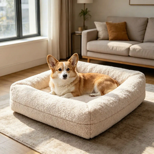 Lit orthopédique personnalisé pour chien en mousse à mémoire de forme, housse amovible et lavable en lin imperméable, couleur crème neutre, vente en gros fabricant - Product Image 2