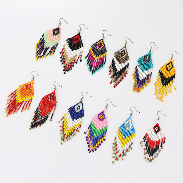 Ethnic 17 Style Colorful Glass Seed Bead Earrings Retro Handmade DIY Bohe Diamond Bead Tassel Earrings for Women Jewelry Gifts