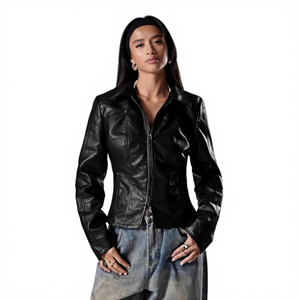<span class=keywords><strong>Giacca</strong></span> Corta da <span class=keywords><strong>Donna</strong></span> Primavera 2025 con Zip, Maniche Lunghe, Colletto con Bottoni, Motivo 3D in <span class=keywords><strong>Ecopelle</strong></span>, Vestibilità Slim Personalizzata - Product Image 1