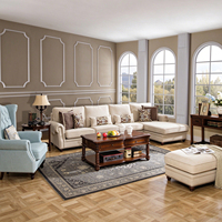 Ensemble de canapés de style américain pour salon, design en forme de L, canapé d'angle sectionnel vintage en bois massif avec revêtement en tissu pour la maison