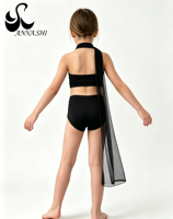 Costume de danse pour enfants noir et or à paillettes, haut court à bretelles avec longue ceinture en maille, short taille haute, tenue de danse 2 pièces