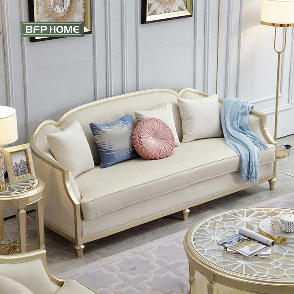 BFP – meubles de maison à guichet unique, Style américain de luxe, cadre en bois massif, ensemble de canapés de salon en cuir véritable, meubles