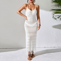 Robe de plage longue à bretelles ajourée sexy, style européen et américain, avec franges, sans manches, tricotée, respirante, 100% [matière]