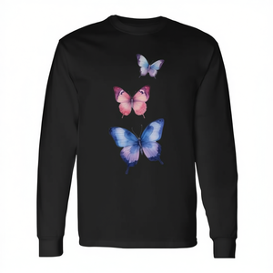 Hermosa camiseta de manga larga con diseño de mariposas en acuarela, cuello redondo negro, estampado artístico, ropa de moda - Product Image 2