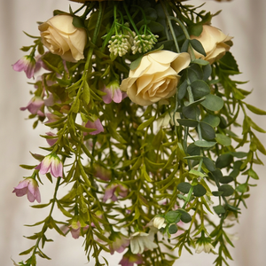 Artificial Hanging Flower Basket with Rose and Greenery Decorative Wicker Planter for Home Garden <b>Wall</b> <b>Decor</b> - Product Image 3