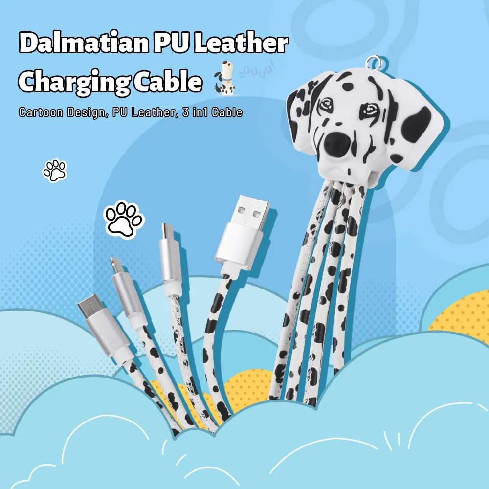 Dier Dalmatian Usb Kabel Spotted Dog Pu Lederen Multi-Head Sleutelhanger 3 In 1 Oplaadkabel