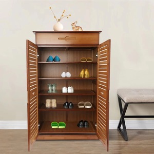 Vintage brown bamboo <b>shoe</b> <b>rack</b>, 5-tier, with 1 drawer and 2 doors. Suitable for various applications. - Product Image 1