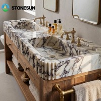 Vasque autoportante en marbre Calacatta Viola fabriquée sur mesure par StoneSun avec meuble en bois, plan de toilette en pierre naturelle pour salle de bain