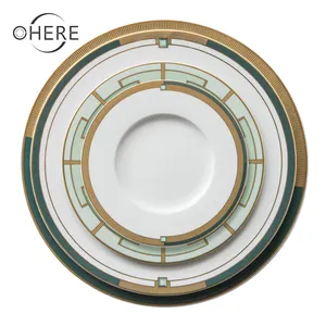 Ohere Emerald Design Gold Rim Bộ Đồ Ăn Đặt Tấm Tùy Chỉnh Vaisselle Luxe Cho Đám Cưới Nhà Hàng Sử Dụng
