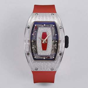 Montre pour femme en forme de baril, montre-bracelet squelette incrustée de diamants, bracelet en caoutchouc rouge, montre élégante pour femme, montre de luxe - Product Image 1