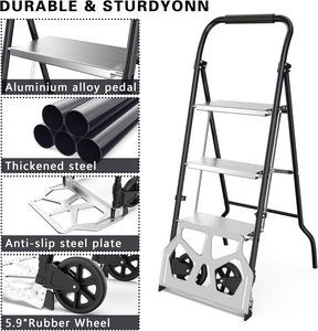 Foldable Hand Trolley Step <b>Ladder</b> Cart <b>Aluminum</b> Rolling Trolley <b>Ladder</b> 2 Step Utility Trolley for Warehouse Home - Product Image 4
