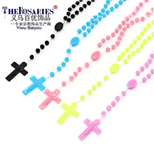 Cheap Rosary Necklace Luminous Plastic Rose Beads Circifix Catholicism Religious Prayer Beads in Home Decoration