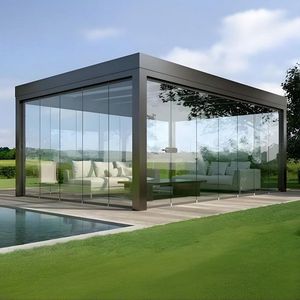 Pergola bioclimatique autoportante sur mesure en aluminium gris, imperméable, avec portes coulissantes en verre pour terrasse - Product Image 1